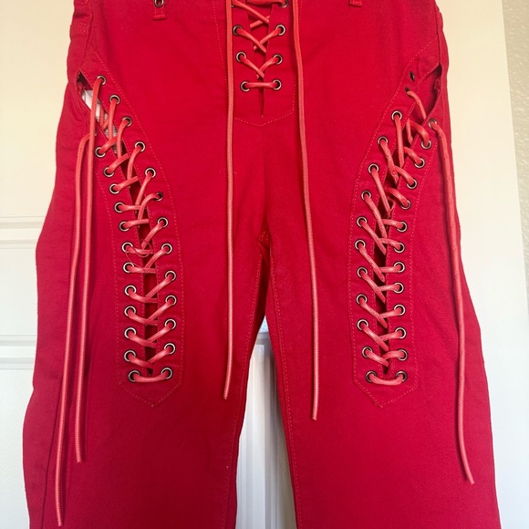 Edikted Red Lace-Up Flare Pants XS - Picture 3 of 5